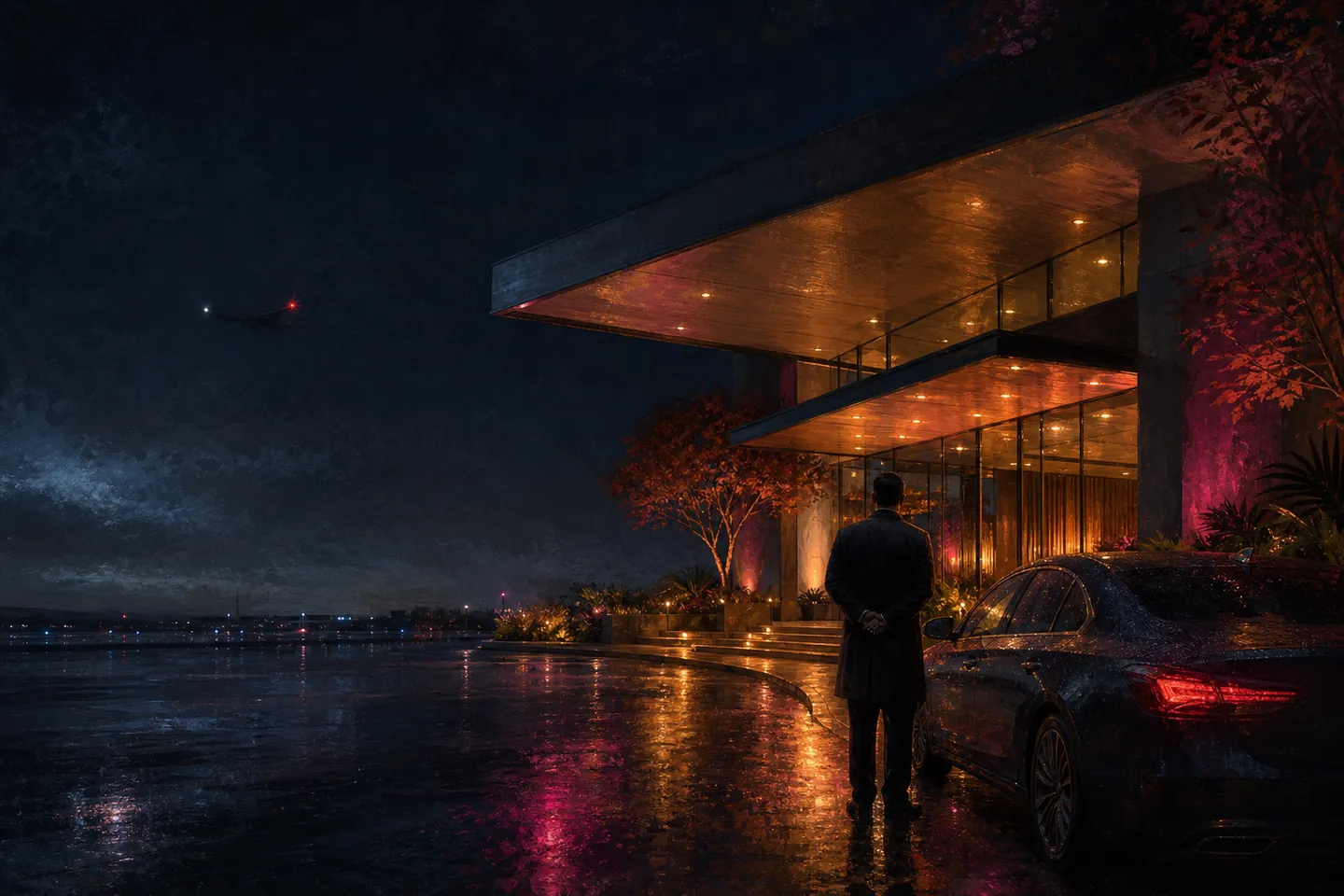 Illustration of a lit hotel entrance on a rainy night