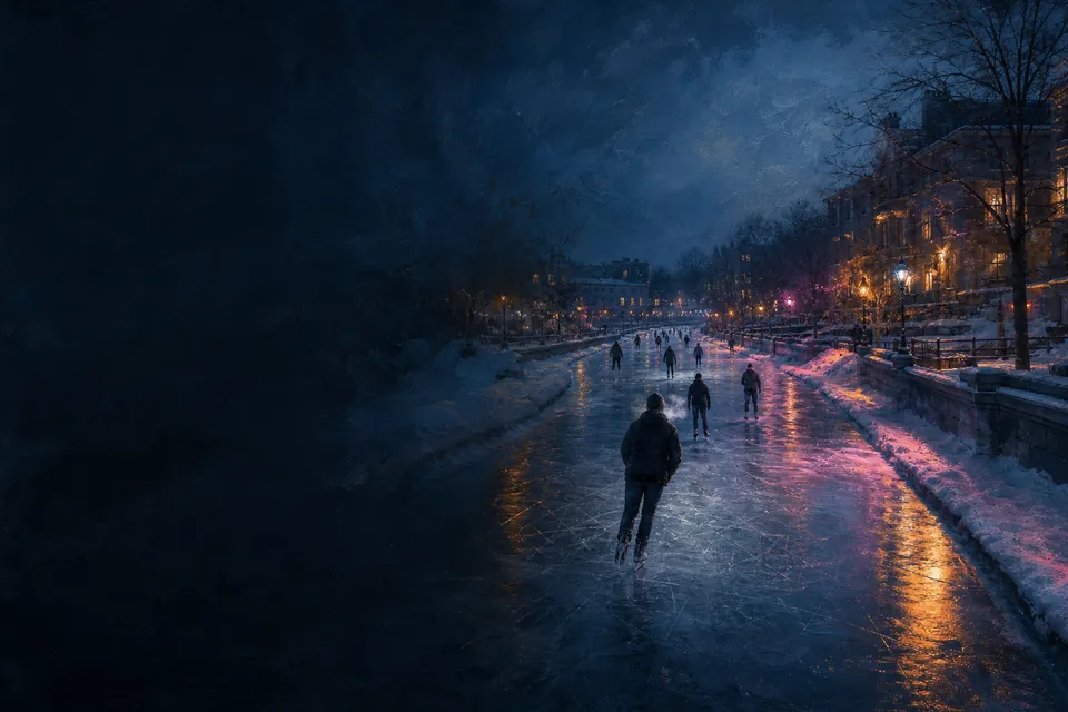 Illustration of a frozen canal with skaters at blue hour