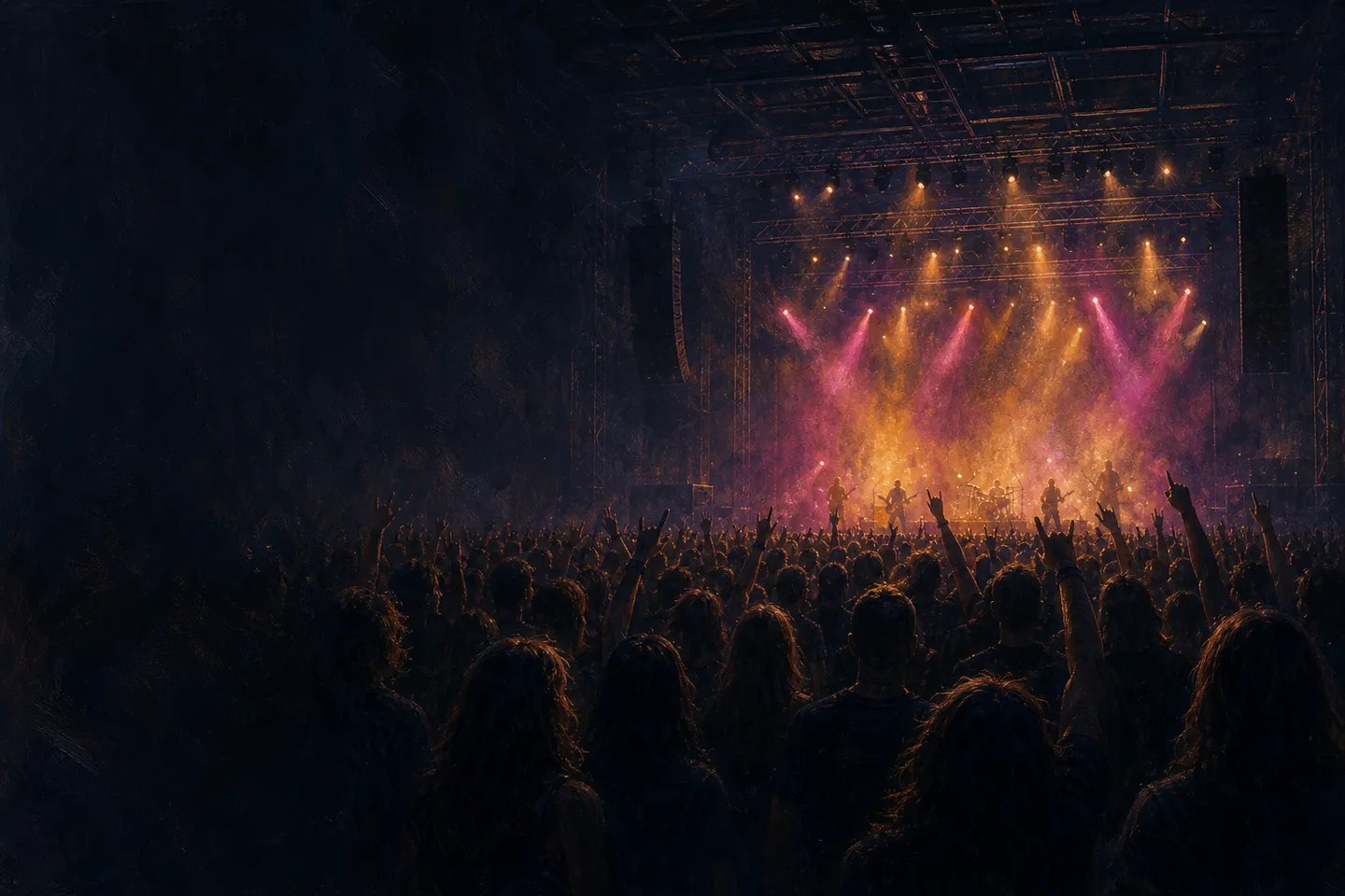 Illustration of a concert crowd in front of a lit stage