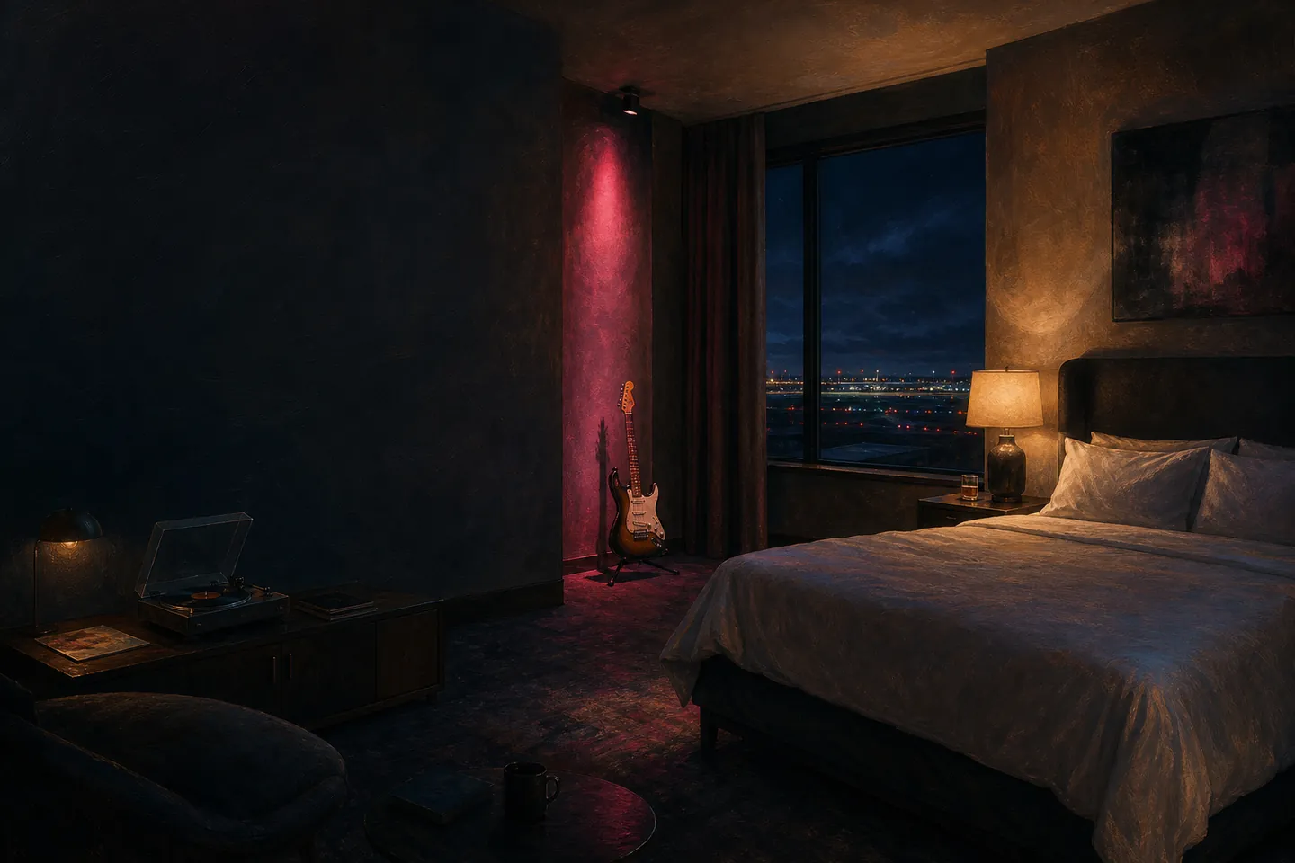 Illustration of a dark hotel room with a king bed and a guitar on a stand