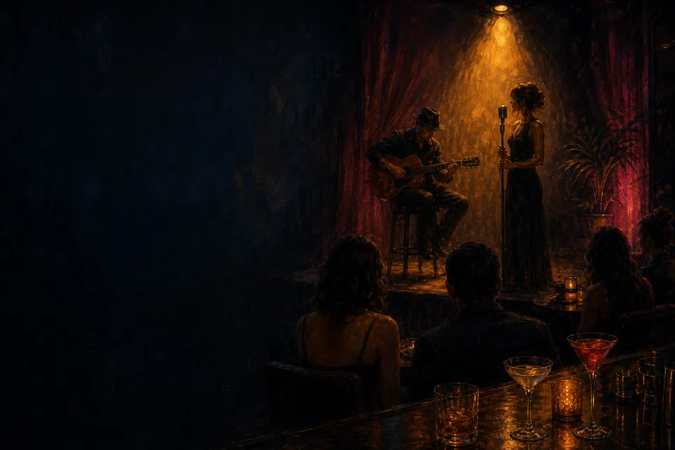 Illustration of a small lounge stage and cocktails on a bar