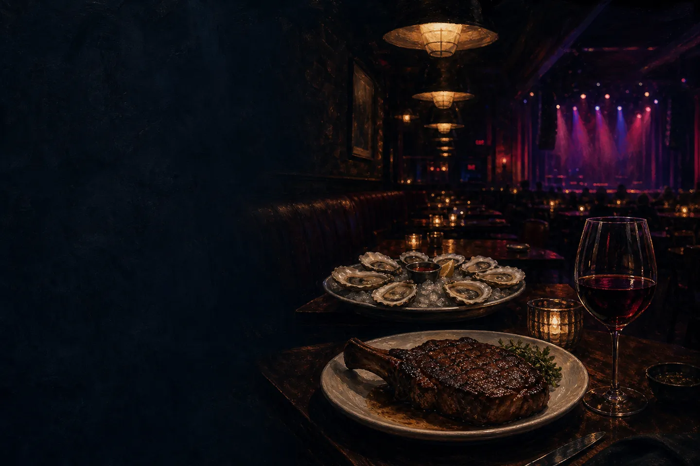 Illustration of a steak, oysters and red wine in a dim steakhouse