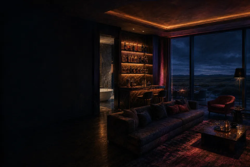 Illustration of a suite living area with a home bar